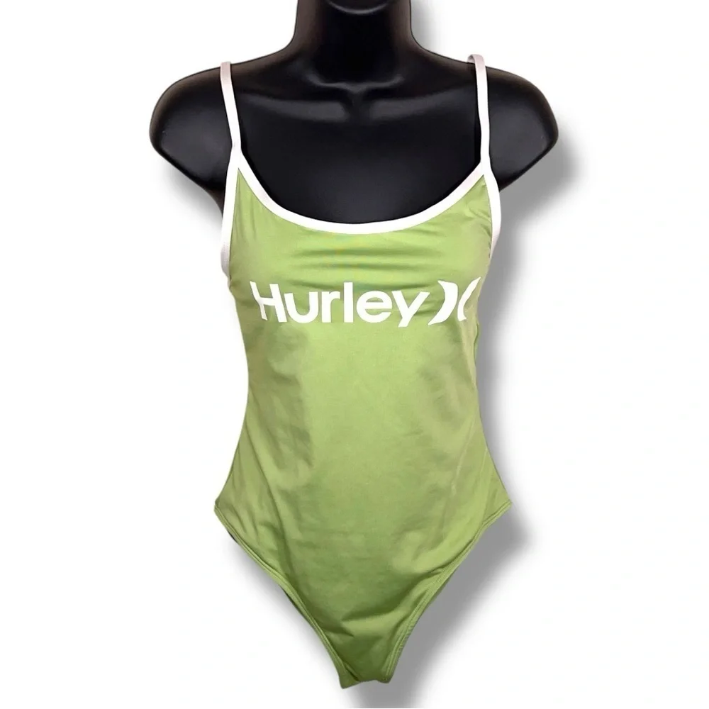 Medium Hurley One Piece Swimsuitight Green White Trim Stretch Beach Vacation